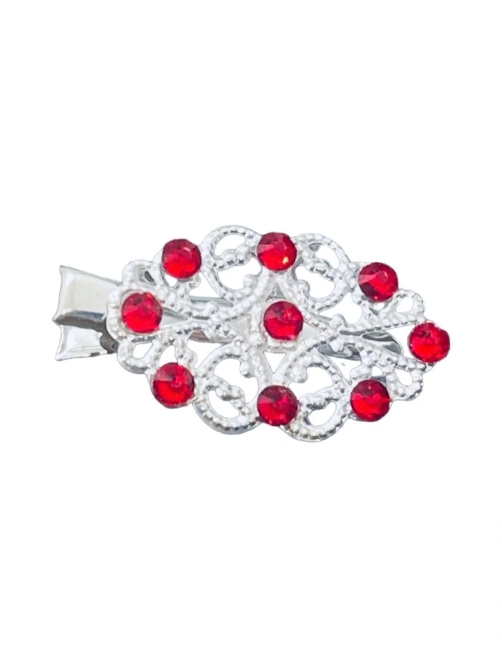 Silver Filigree Hair Clip with Red Rhinestones 2,0 FINAL PRICE DROP